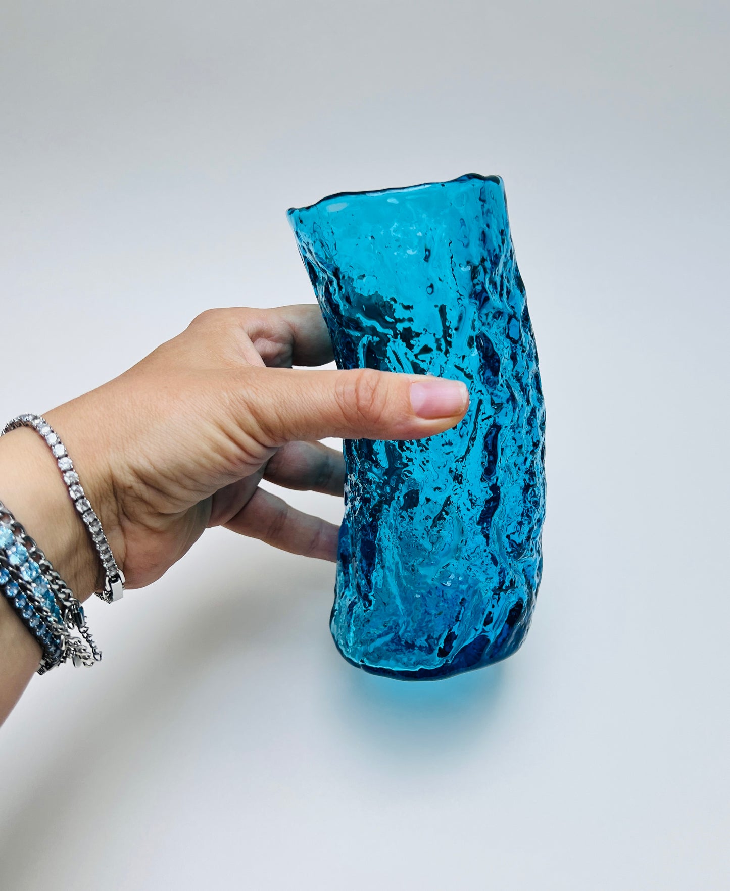 Vintage Struktur Eisglas Vase Optik Mid Century Modern Borkenglas Ingrid Whitefriars Bark Türkisblau
