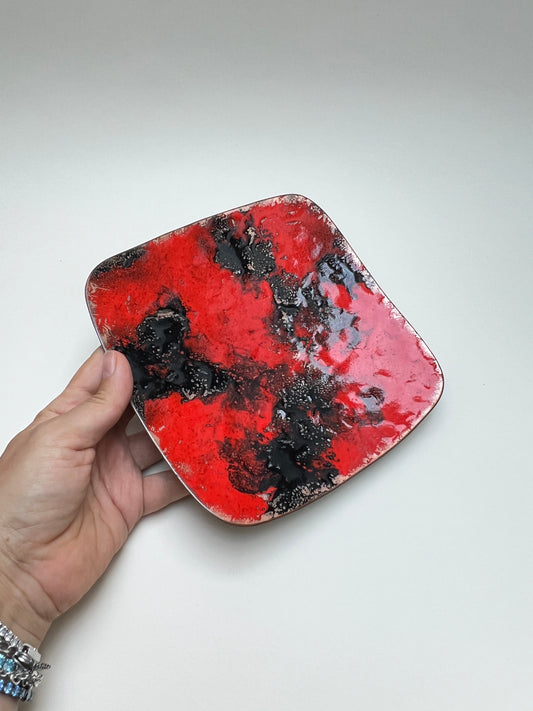 Vintage Fat Lava Kupfer Emaille Schale Rot Schwarz Modernist Quadratische Designschale