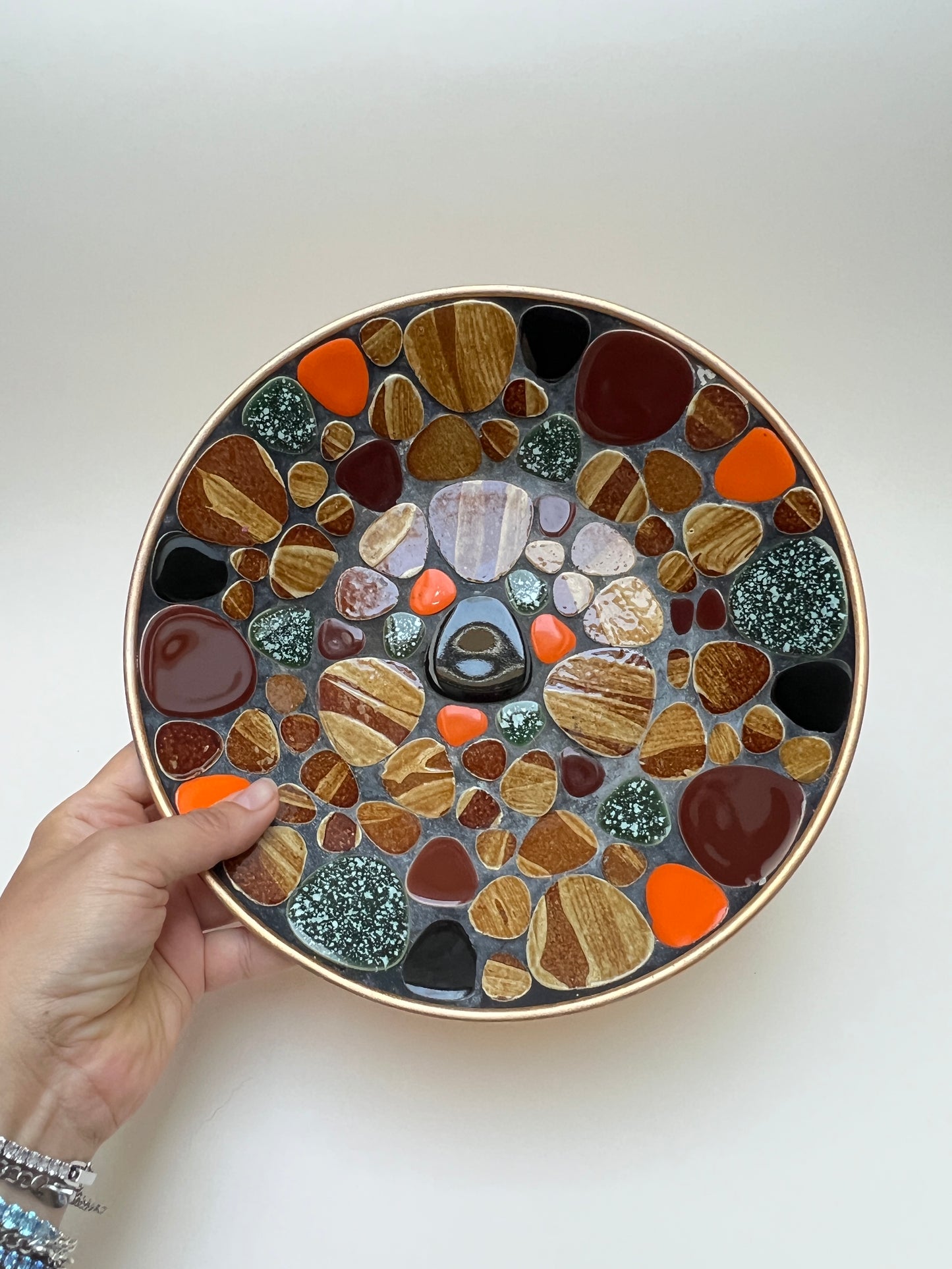 Vintage Mosaik Snack Schale Teller Styson Japan Dekoschale Mid Century Studio Boho Dekor MCM Kieselstein Gold