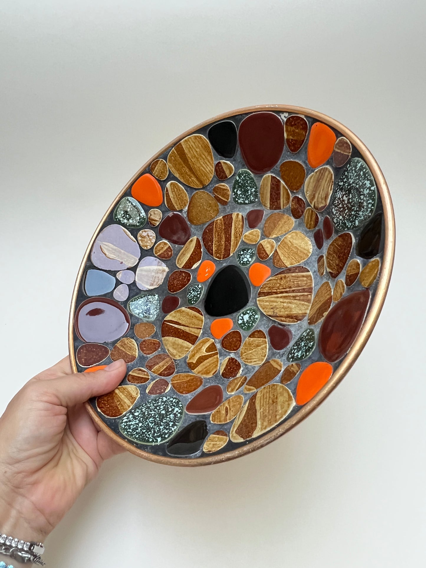 Vintage Mosaik Snack Schale Teller Styson Japan Dekoschale Mid Century Studio Boho Dekor MCM Kieselstein Gold