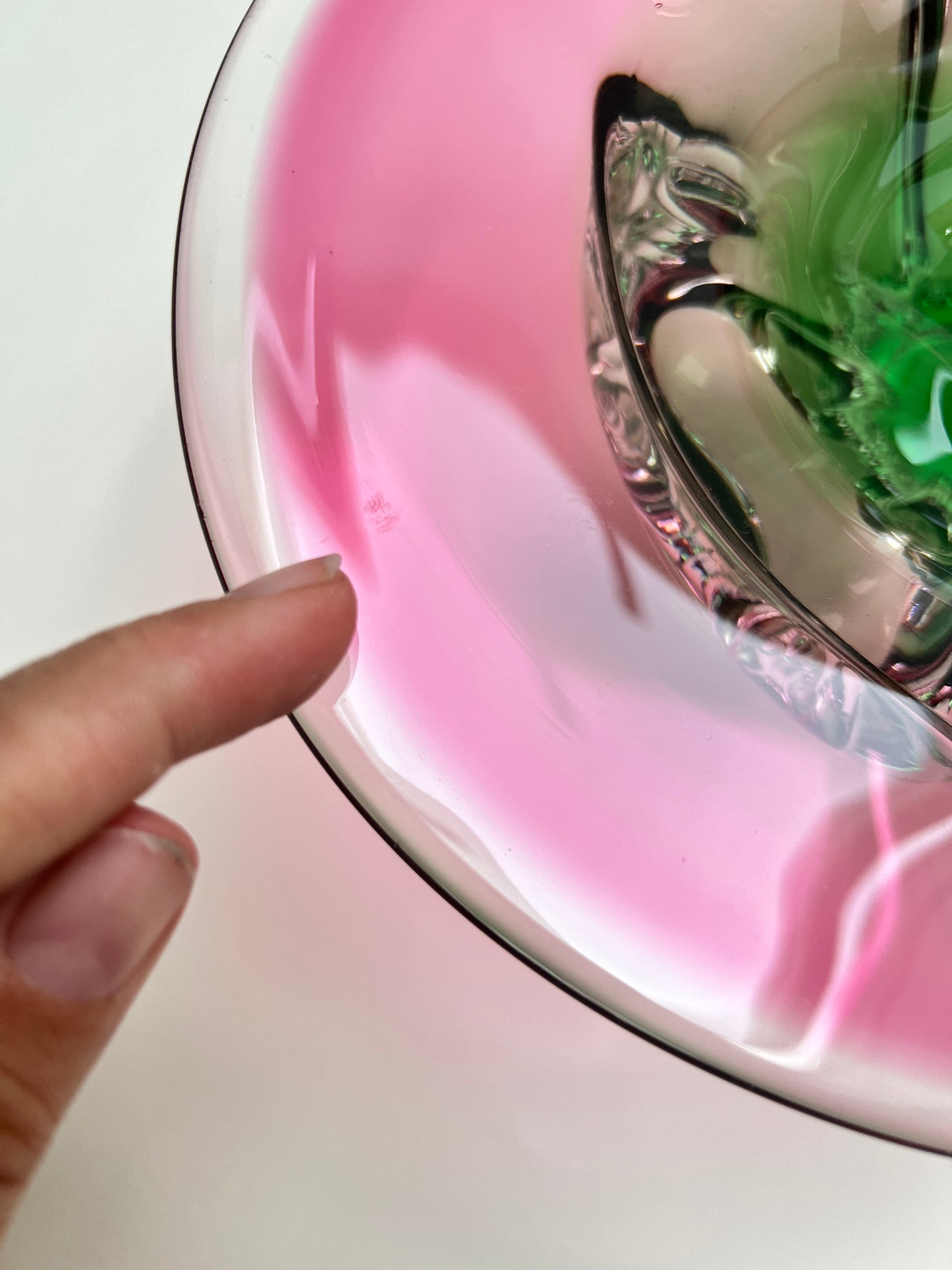 Cristallerie Bavaria Glas Obst Schale pink rosa grün Murano Stil Sommerso Hospodka Stil