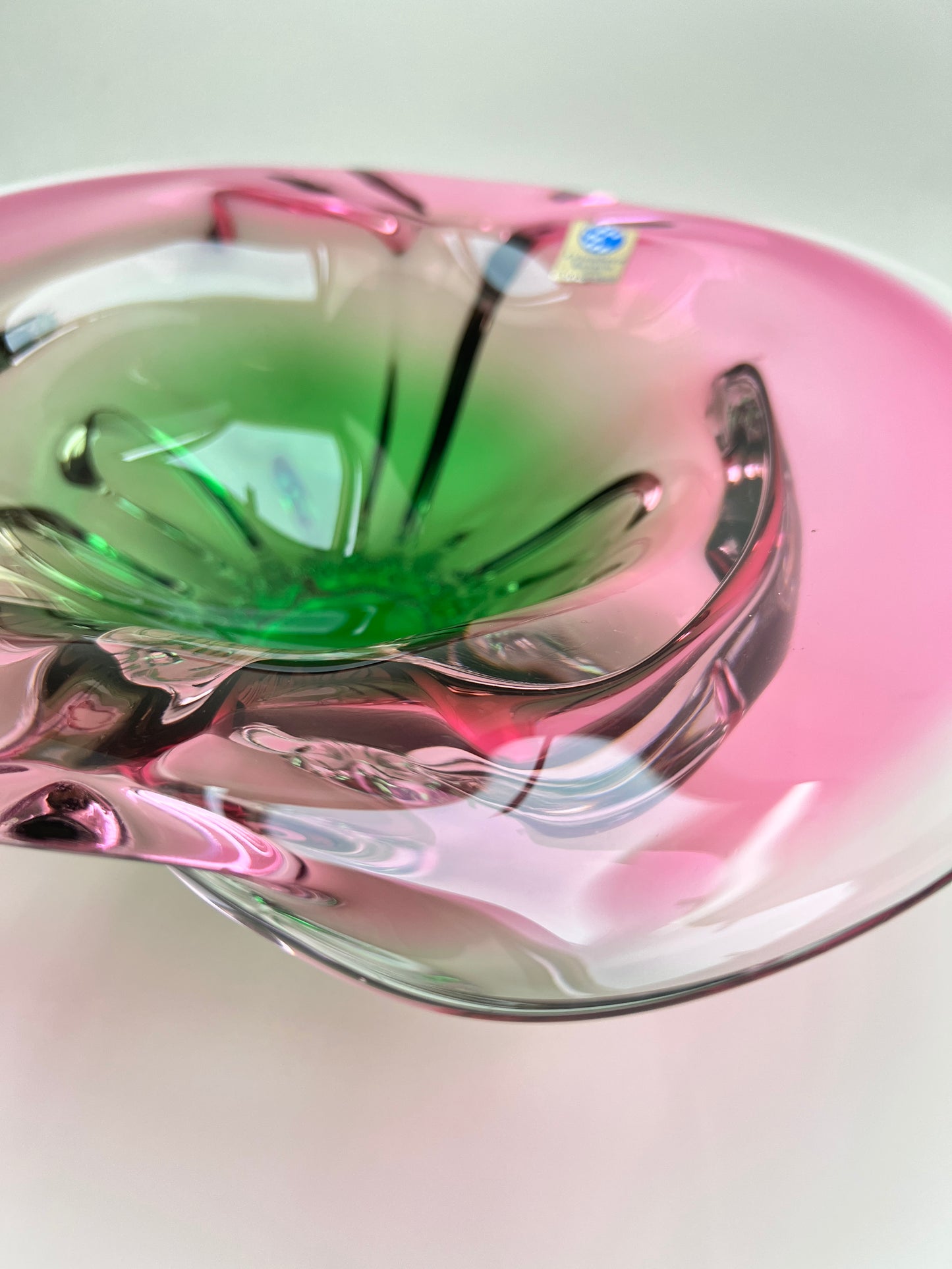 Cristallerie Bavaria Glas Obst Schale pink rosa grün Murano Stil Sommerso Hospodka Stil