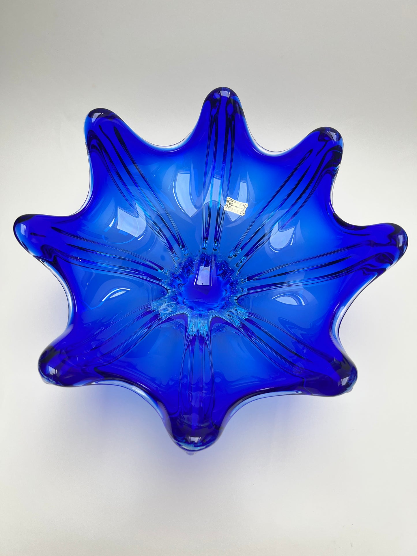 Egermann Kristallglas Schale blau böhmisch Czech Zipfelschale Mid century Glass Art