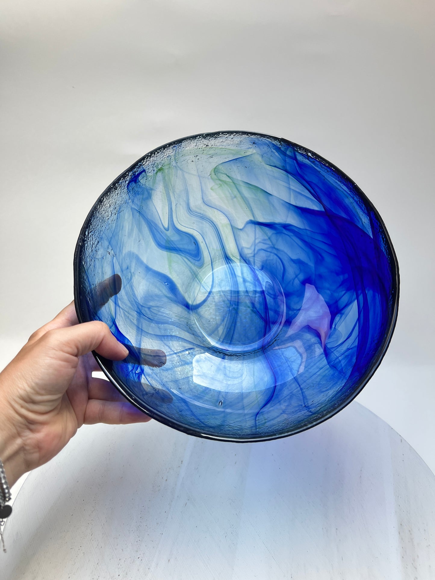 Blaue Batik Contrast Glasschale Obstschale skandinavisch Swirl mundgeblasen