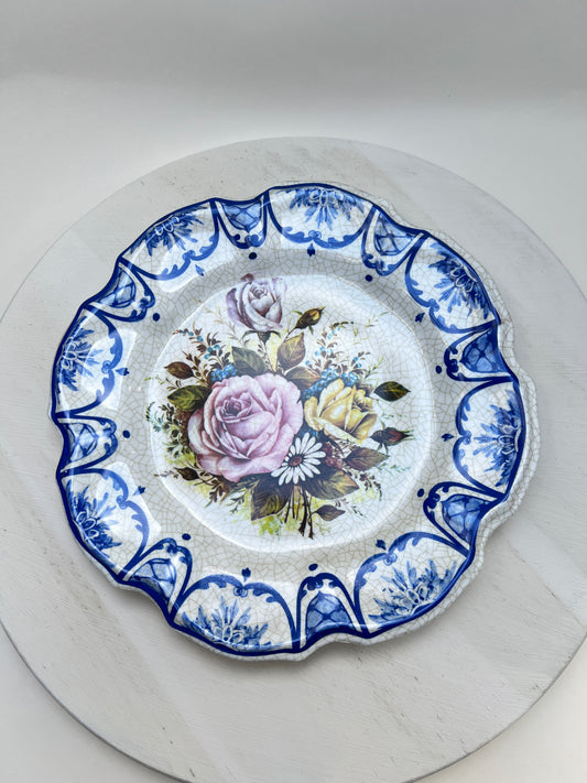 Vintage Melamin Wandteller mit Rosenmotiv & Delft Blau | Österreich Souvenir Innsbruck Salzburg Bregenz | 60er Jahre