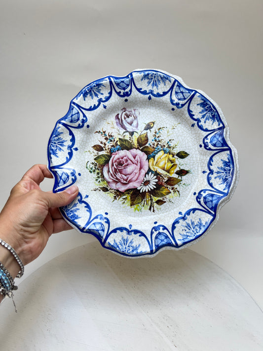 Vintage Melamin Wandteller mit Rosenmotiv & Delft Blau | Österreich Souvenir Innsbruck Salzburg Bregenz | 60er Jahre