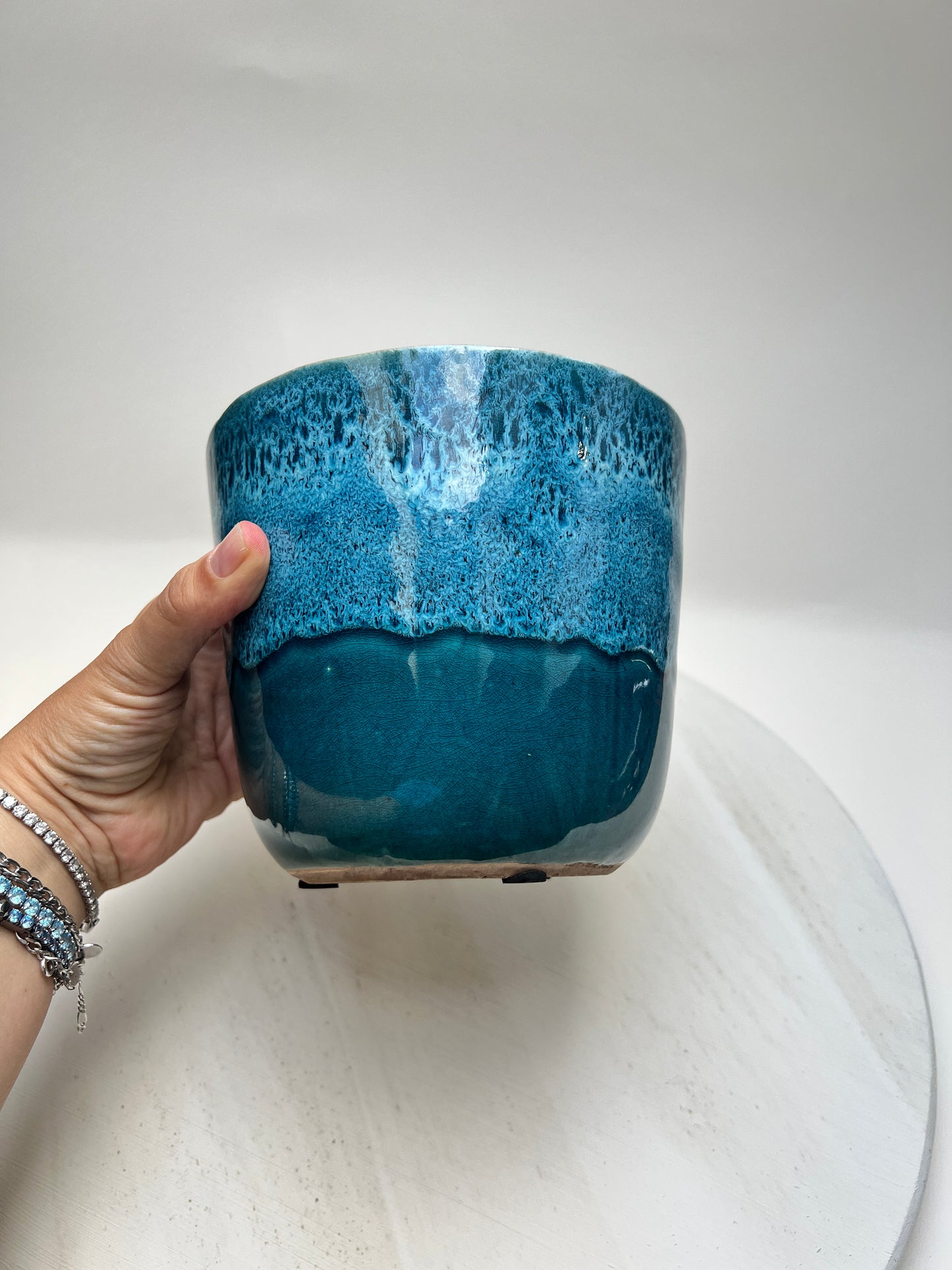 Vintage Keramik Übertopf Blau Türkis | Handgefertigter Blumentopf | Fat Lava Stil | Studiokeramik | Pflanzgefäß Ø 16 cm