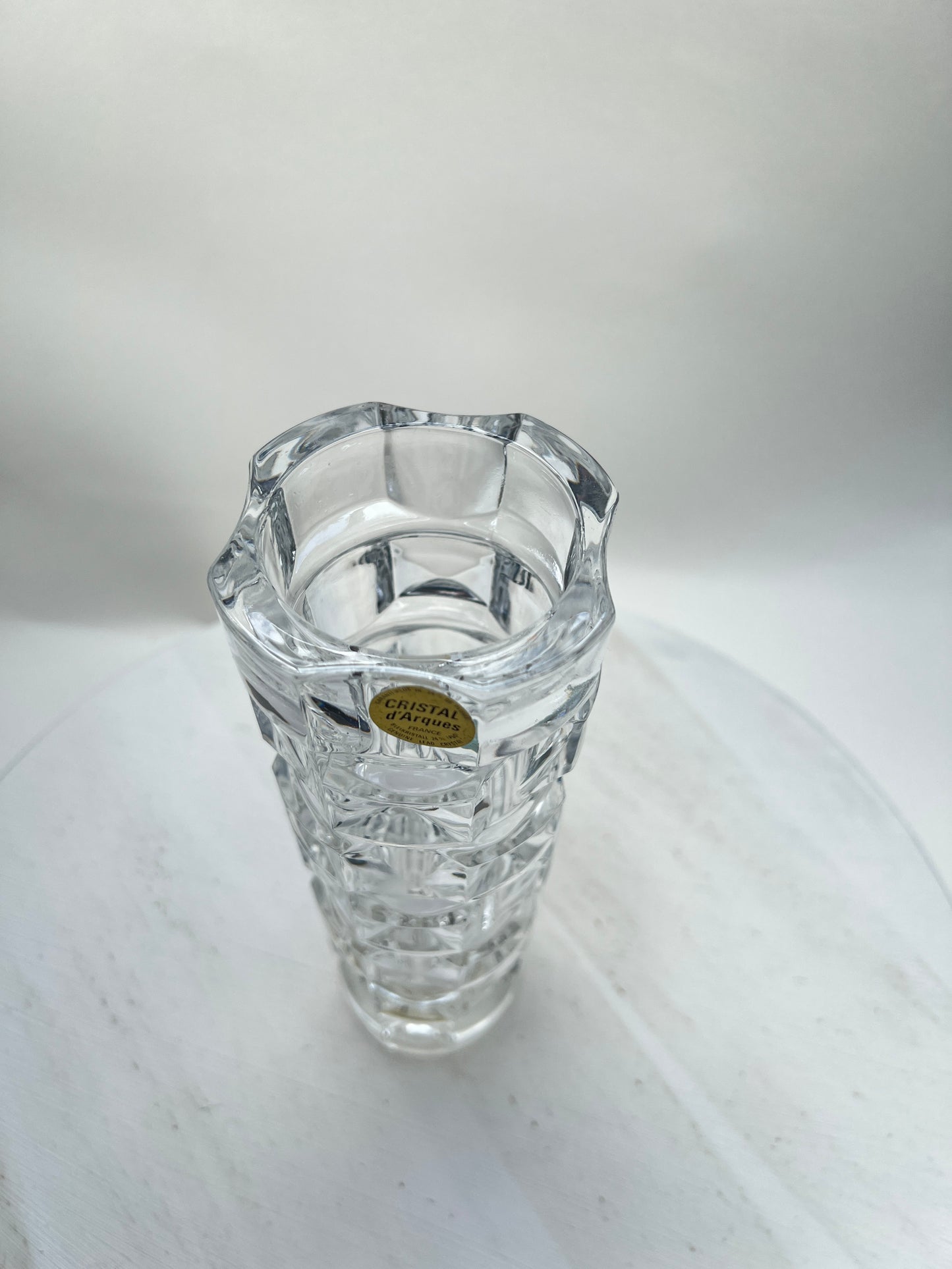 Vintage Bleikristall Blumenvase Glasvase Facettenschliff Cristal d’Arques Mid Century Modern Modernist