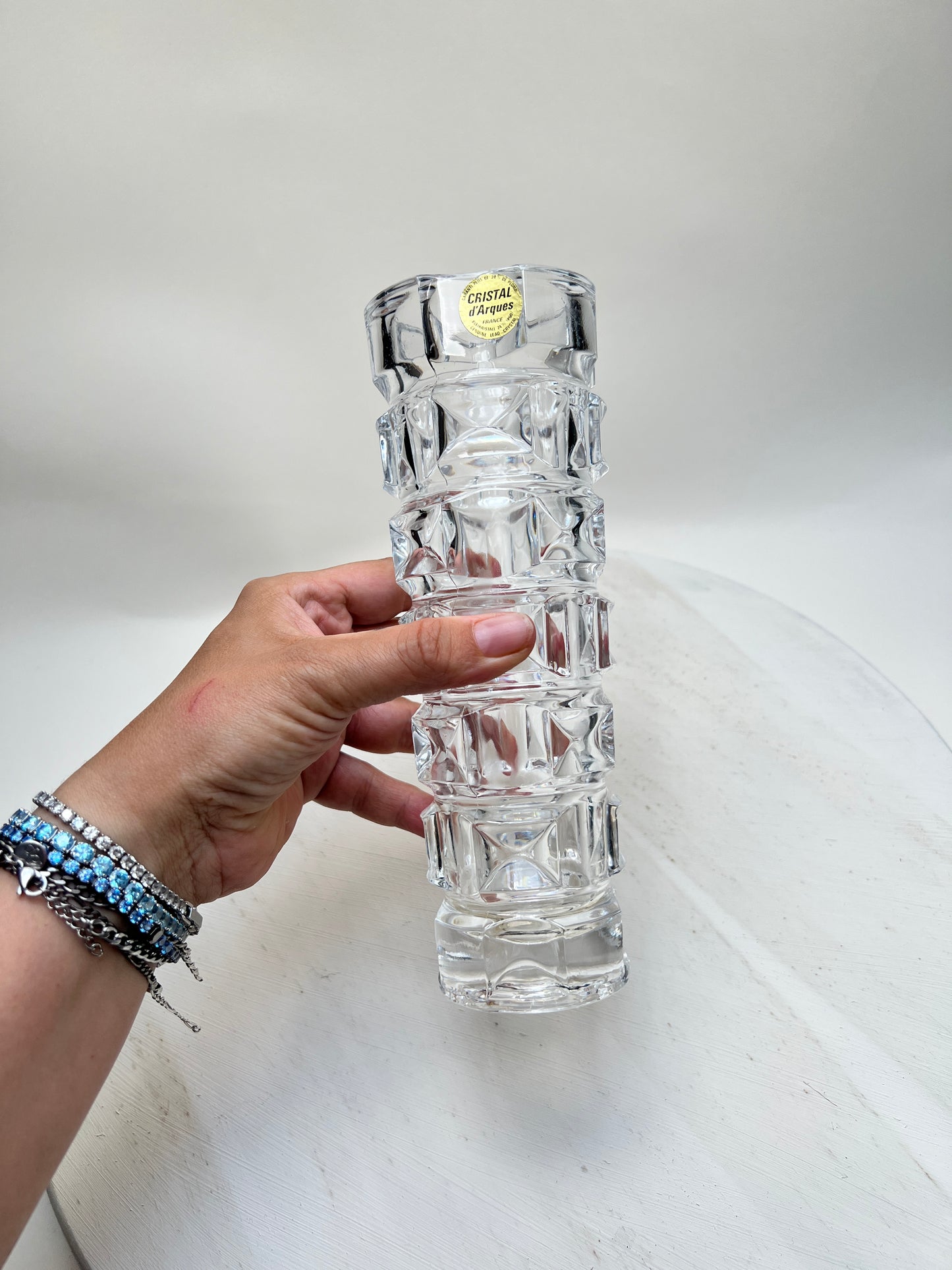 Vintage Bleikristall Blumenvase Glasvase Facettenschliff Cristal d’Arques Mid Century Modern Modernist