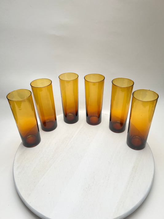 6 Vintage Trinkgläser in Bernstein – Rauchglas Longdrinkgläser – 70er Jahre – Mid Century – Amber Glas Set