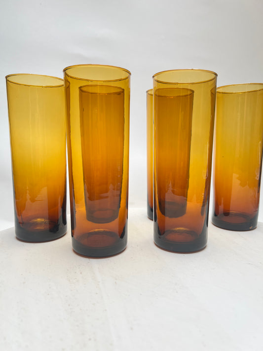 6 Vintage Trinkgläser in Bernstein – Rauchglas Longdrinkgläser – 70er Jahre – Mid Century – Amber Glas Set