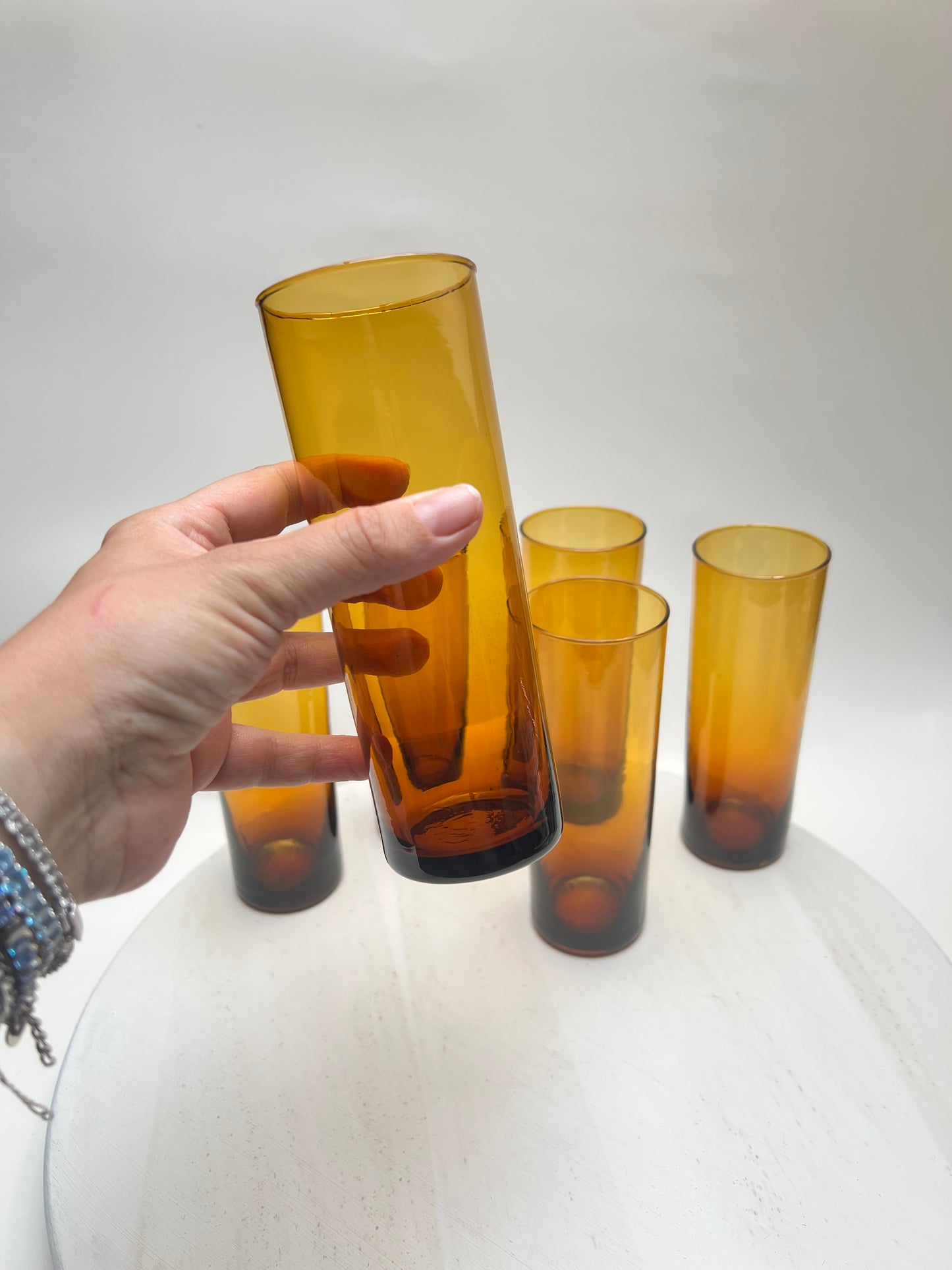 6 Vintage Trinkgläser in Bernstein – Rauchglas Longdrinkgläser – 70er Jahre – Mid Century – Amber Glas Set
