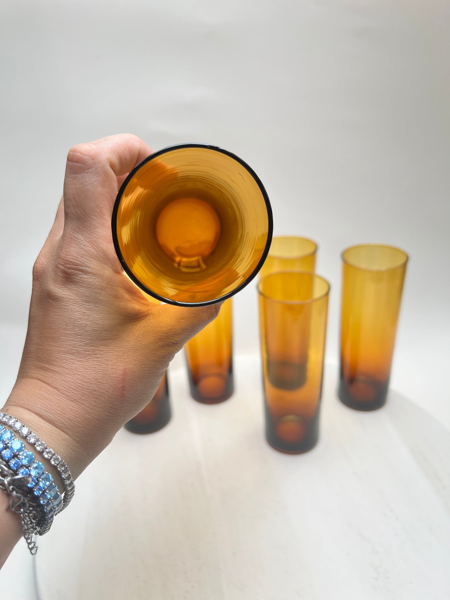 6 Vintage Trinkgläser in Bernstein – Rauchglas Longdrinkgläser – 70er Jahre – Mid Century – Amber Glas Set