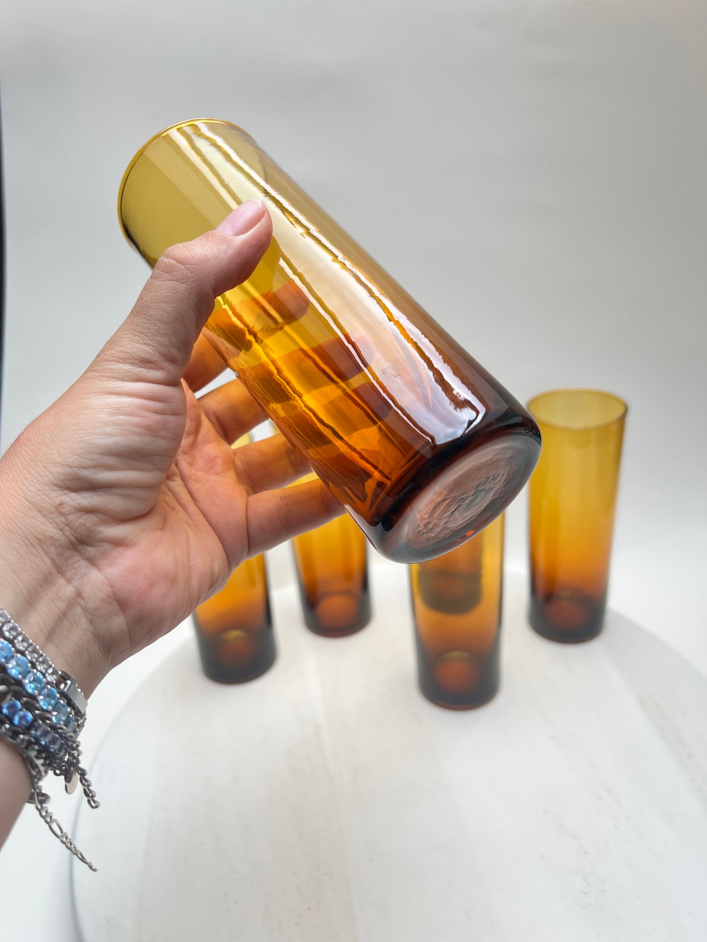 6 Vintage Trinkgläser in Bernstein – Rauchglas Longdrinkgläser – 70er Jahre – Mid Century – Amber Glas Set