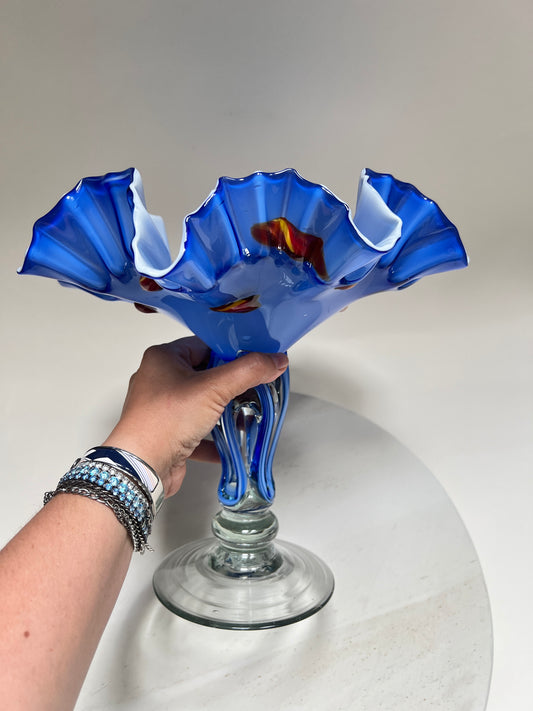 Vintage Murano Stil Glasvase Blau Handgefertigte Kunstglas Vase mit Rüschenrand 27 cm