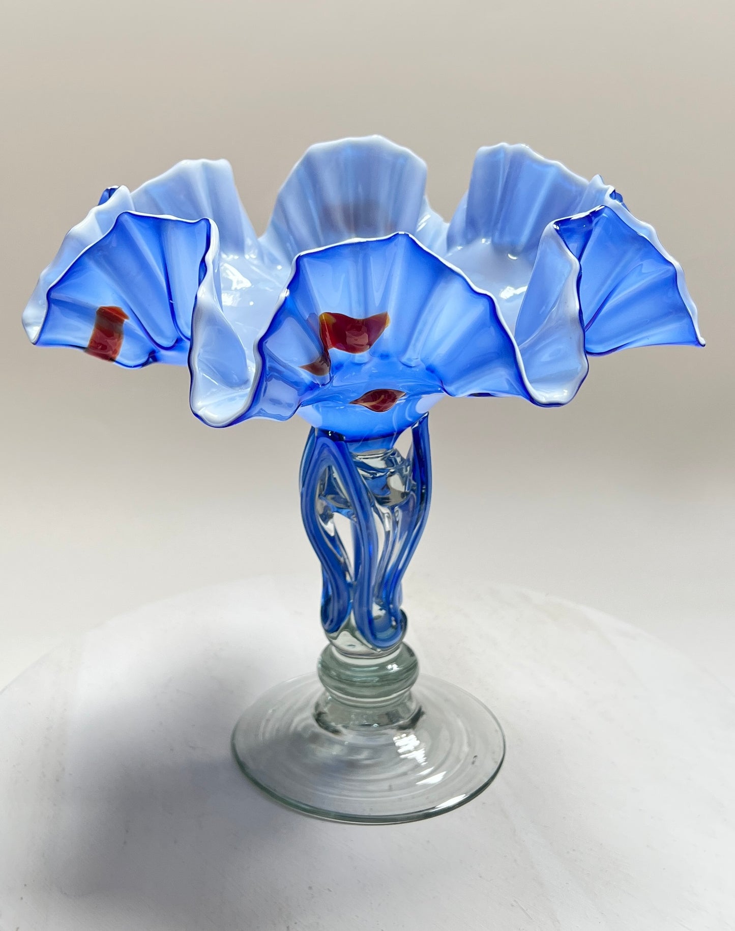 Vintage Murano Stil Glasvase Blau Handgefertigte Kunstglas Vase mit Rüschenrand 27 cm