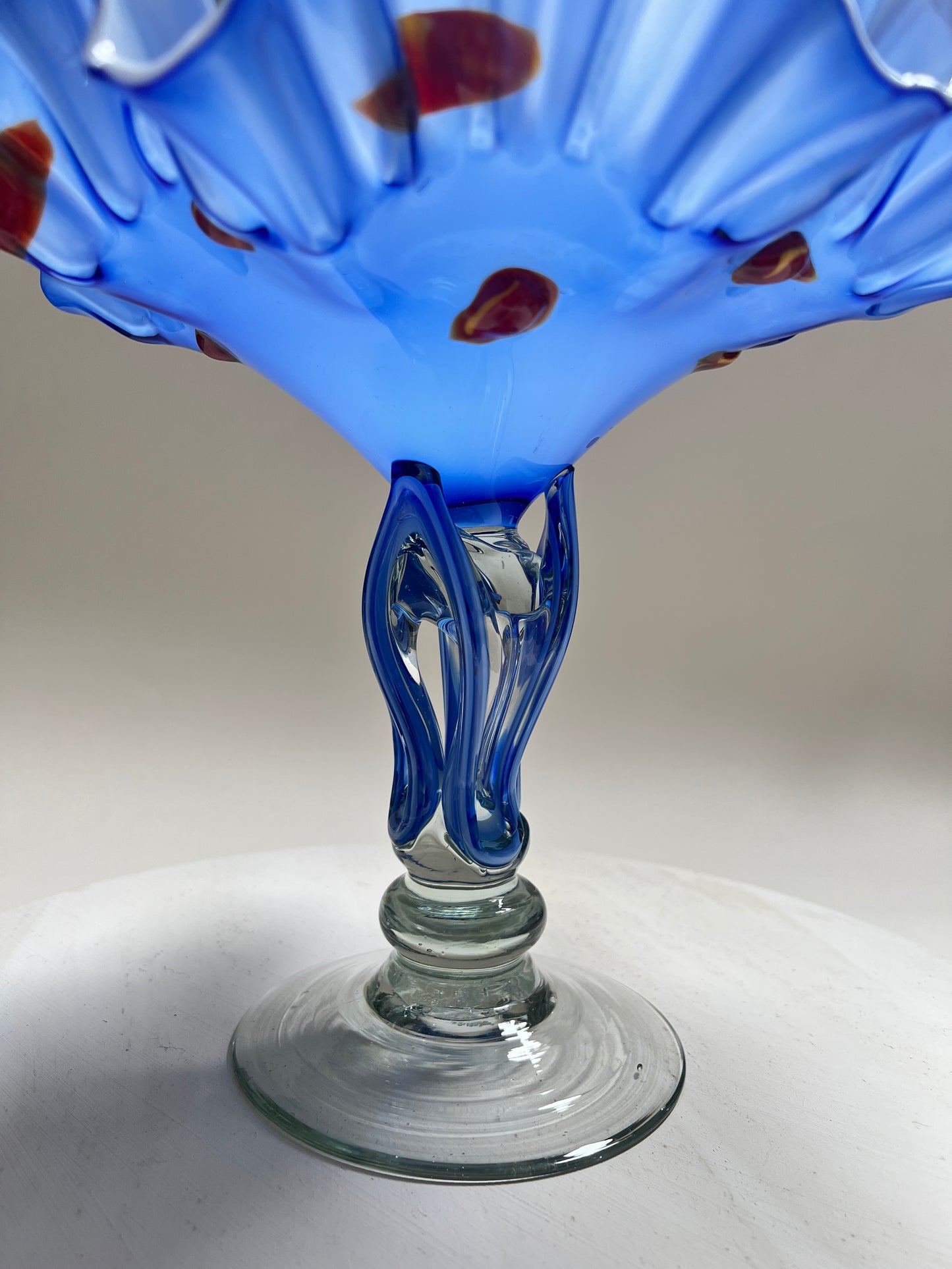 Vintage Murano Stil Glasvase Blau Handgefertigte Kunstglas Vase mit Rüschenrand 27 cm