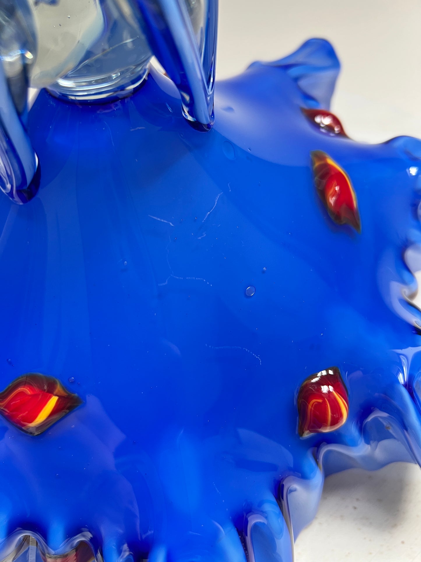 Vintage Murano Stil Glasvase Blau Handgefertigte Kunstglas Vase mit Rüschenrand 27 cm