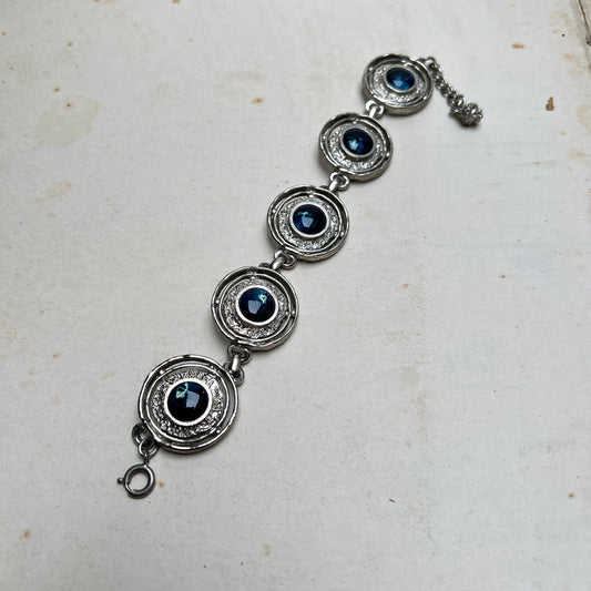 Vintage Gliederarmband silber Space Age Modernist mit blauen Cabochons