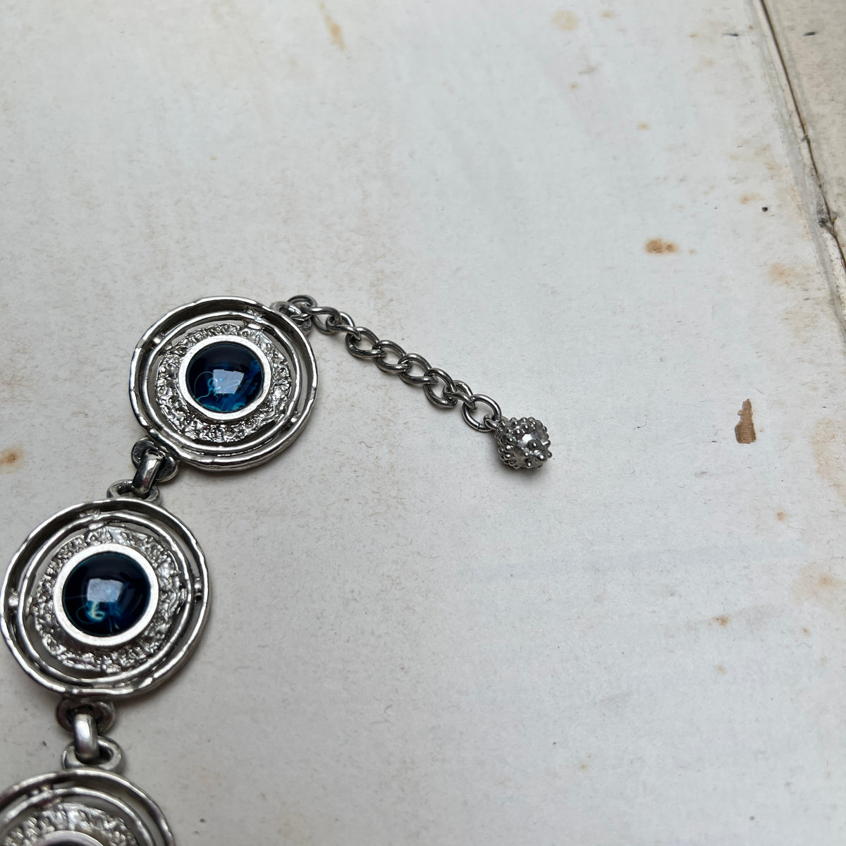 Vintage Gliederarmband silber Space Age Modernist mit blauen Cabochons