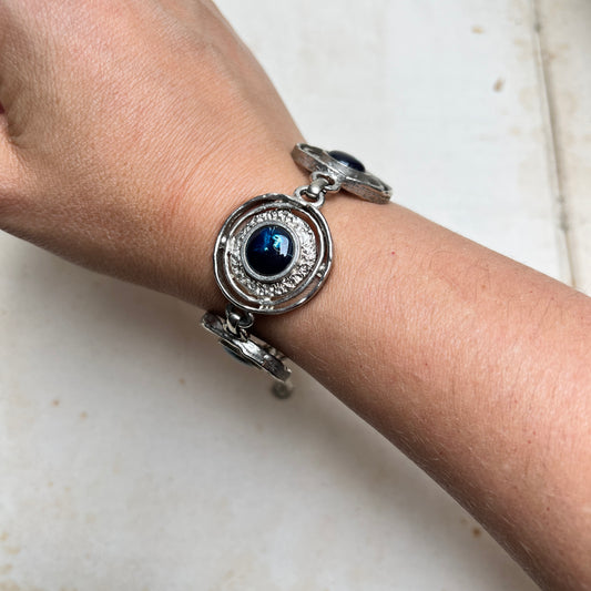 Vintage Gliederarmband silber Space Age Modernist mit blauen Cabochons