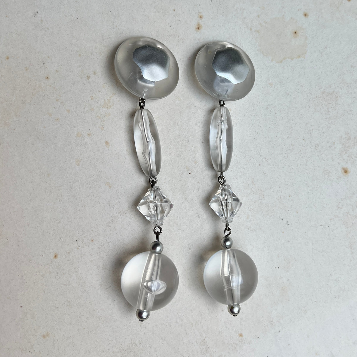 Vintage 80s Runway Statement Ohrclips Silber Transparent Acryl Schmuck