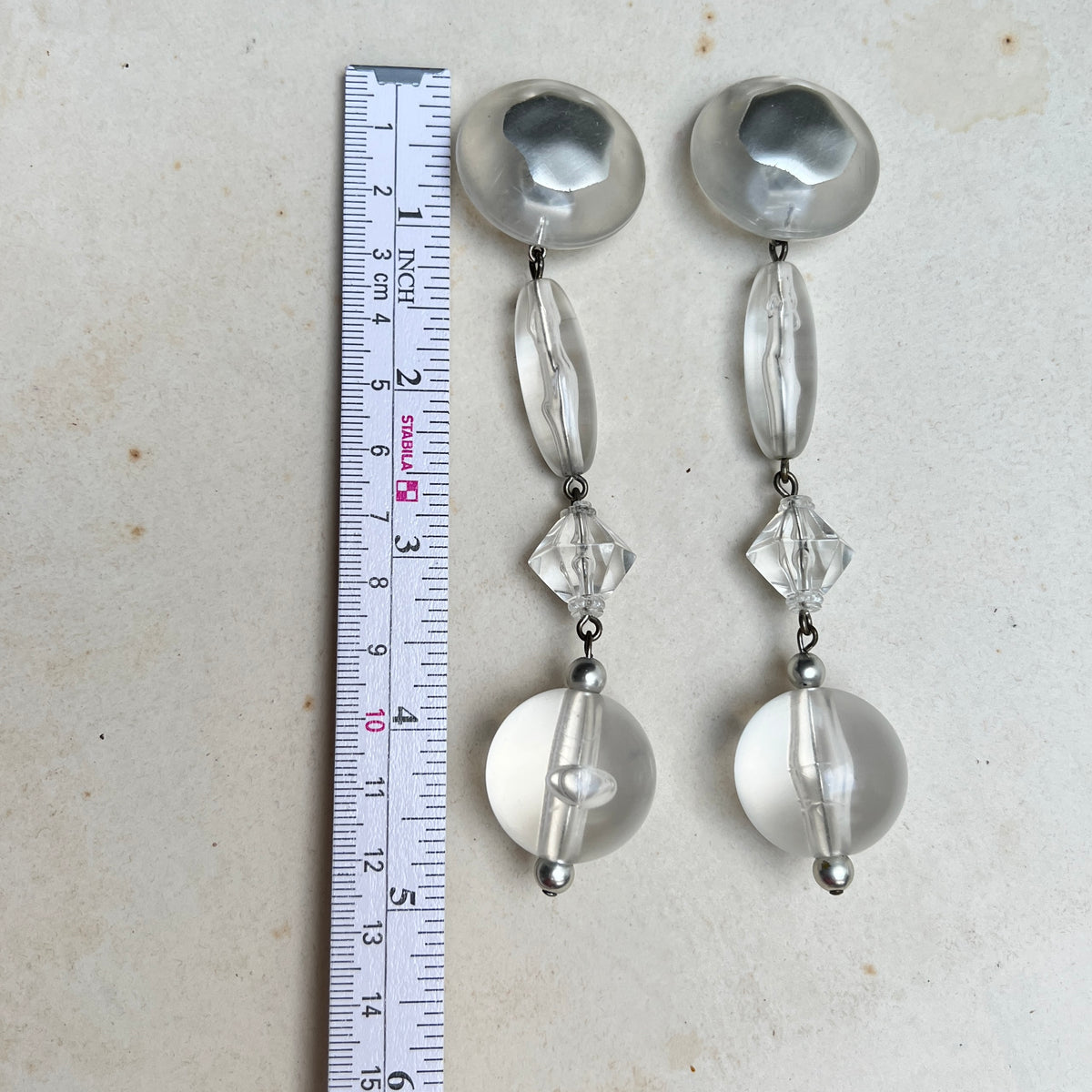 Vintage 80s Runway Statement Ohrclips Silber Transparent Acryl Schmuck