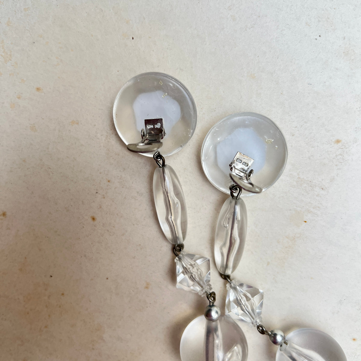 Vintage 80s Runway Statement Ohrclips Silber Transparent Acryl Schmuck