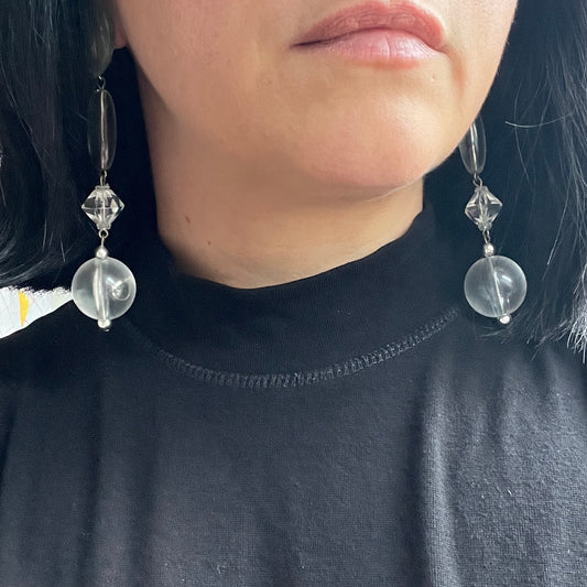 Vintage 80s Runway Statement Ohrclips Silber Transparent Acryl Schmuck