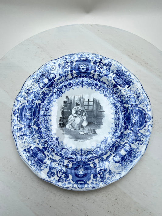 Antiker Blau Weiß Teller Bonjour à Maman 22 cm französisches Motiv Vintage Keramik
