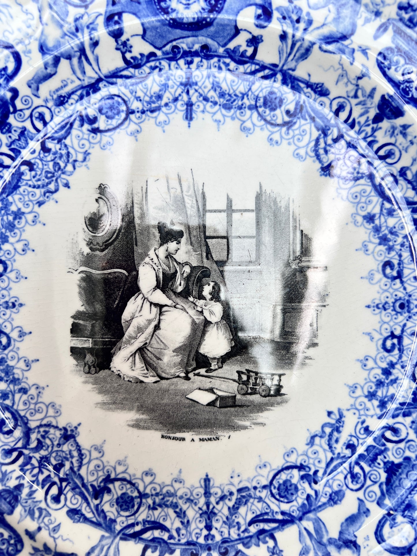Antiker Blau Weiß Teller Bonjour à Maman 22 cm französisches Motiv Vintage Keramik