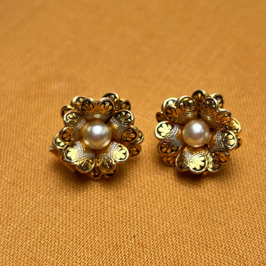 Vintage Toledo Damaszener Ohrclips 24K Gold Pearl Cluster Ohrringe Spanien 60er / 70er
