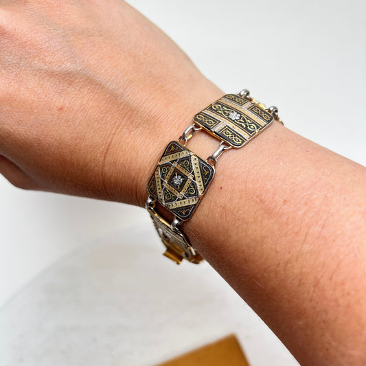 Vintage Toledo Damaszener Gliederarmband Panel Bracelet mit 24K Gold Spanien 60er