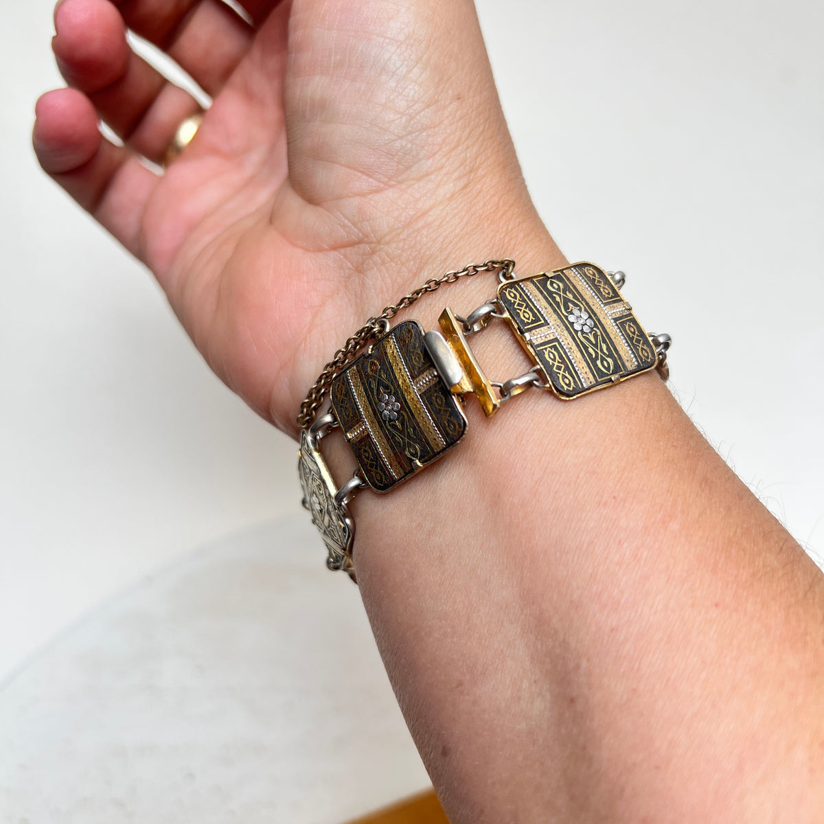 Vintage Toledo Damaszener Gliederarmband Panel Bracelet mit 24K Gold Spanien 60er