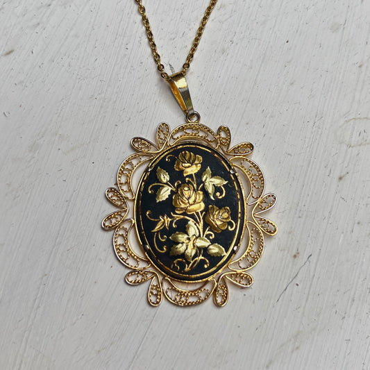 Vintage Toledo Damaszener Medaillon Kette Filigraner XL Anhänger mit Rosen Motiv Spanien 60er / 70er