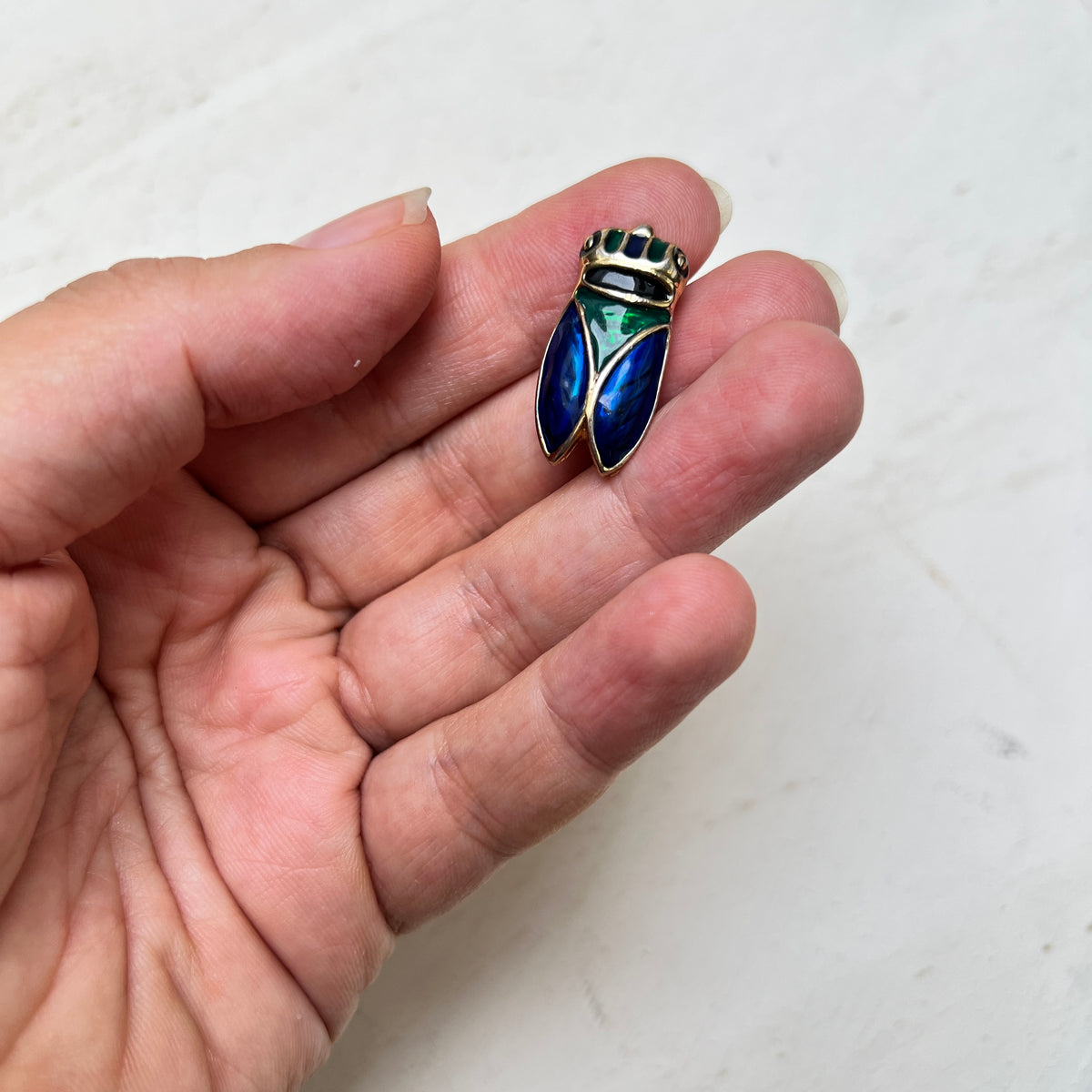 Vintage Diane von Furstenberg DVF Insekten Brosche Zikade blau grün