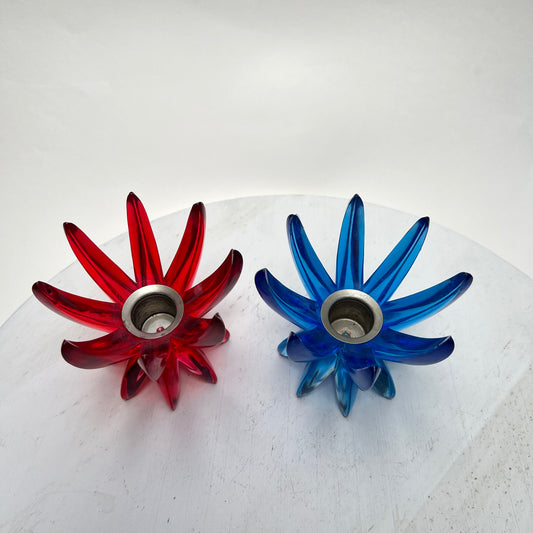 2 Stück Vintage Friedel Kerzenhalter Kerzenständer blau rot Space Age Lotus Starburst