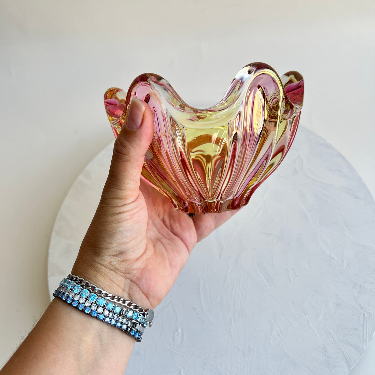 Vintage Hospodka Glasschale Sommerso Murano Stil Chribska rosa gelb