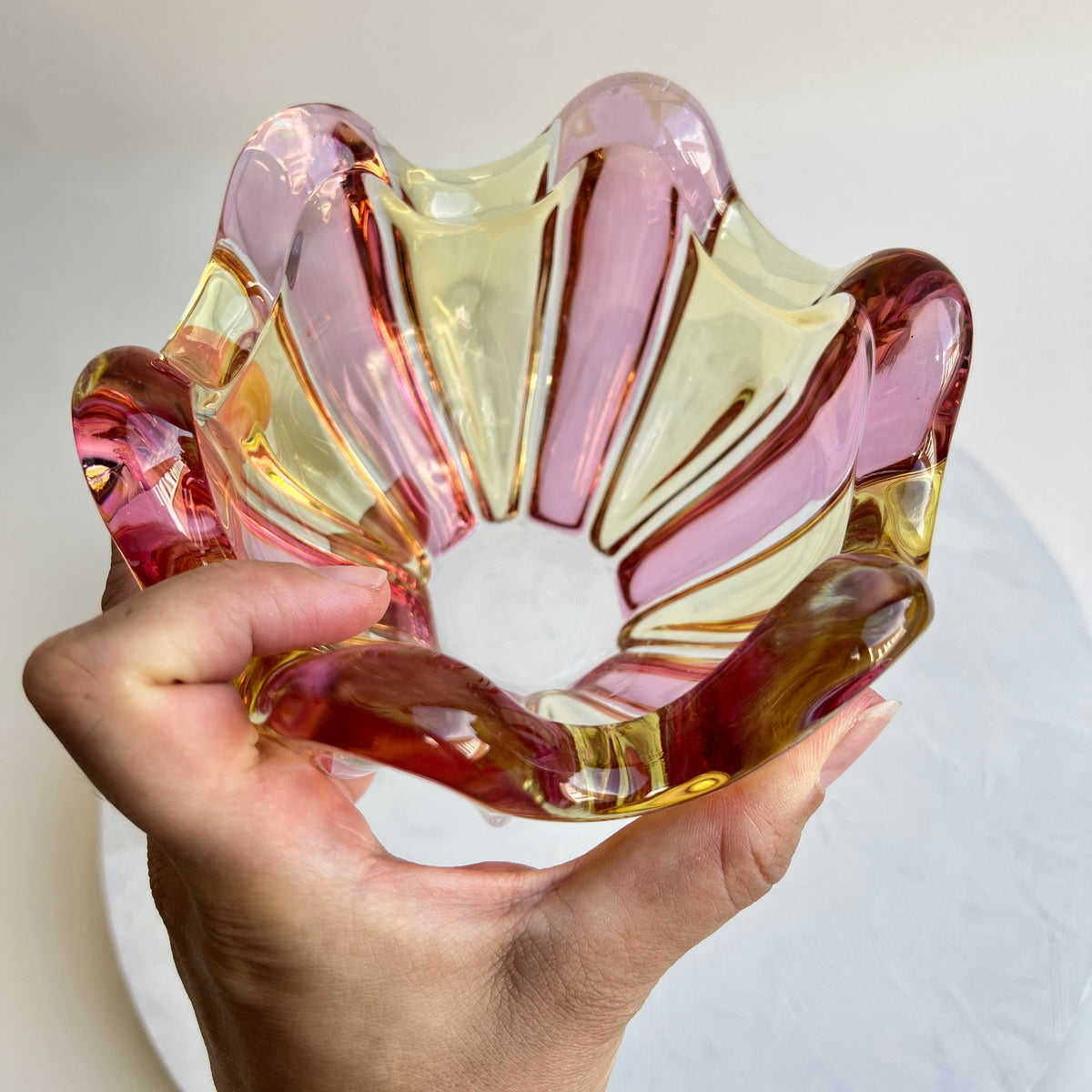Vintage Hospodka Glasschale Sommerso Murano Stil Chribska rosa gelb