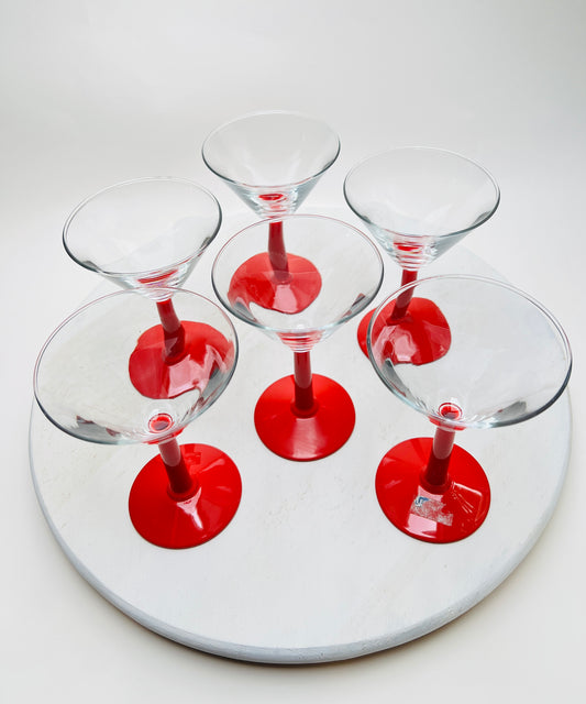 6 Leonardo Martini Cocktail Gläser mit rotem Stiehl 80er 90er Vintage