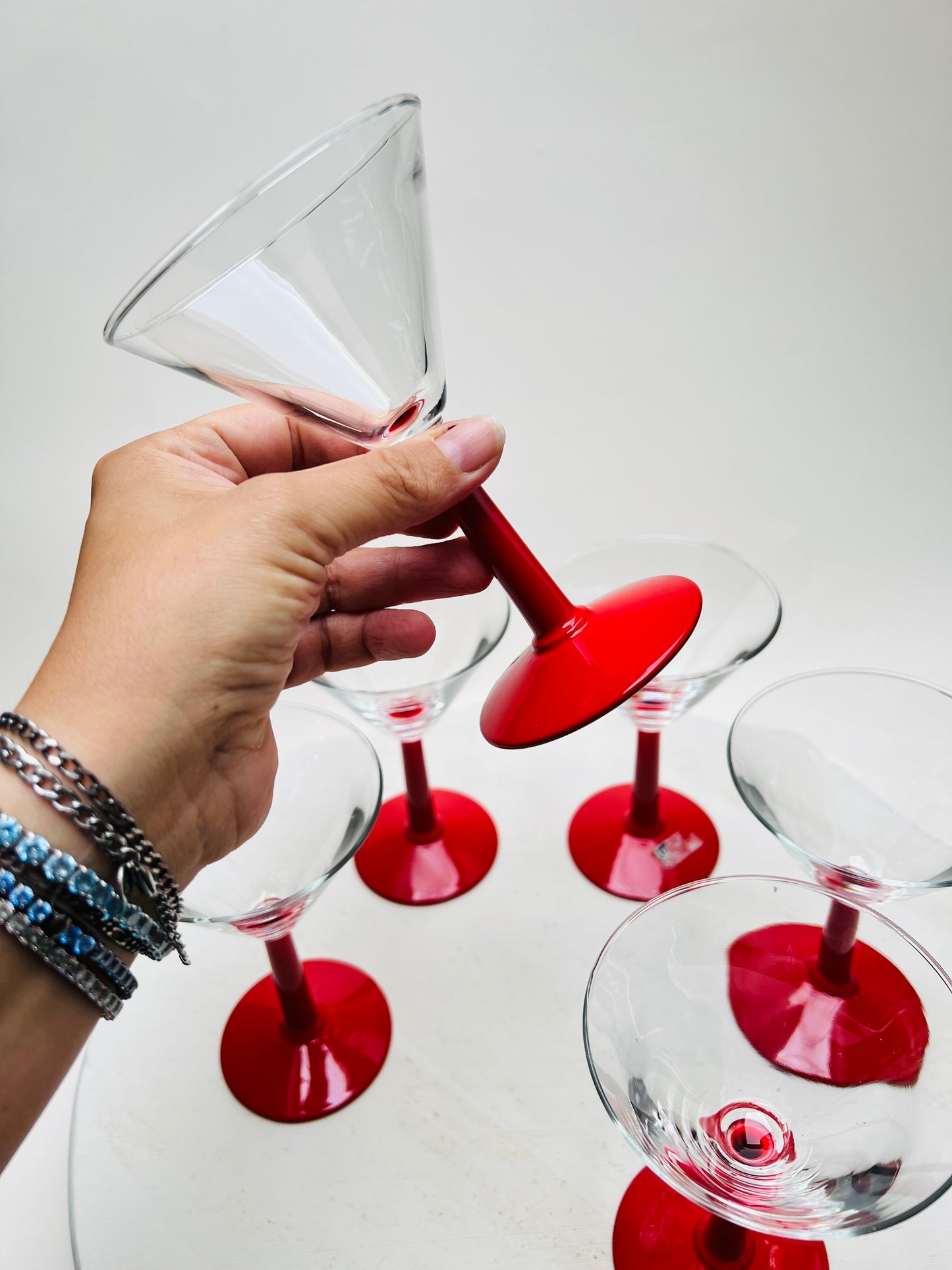 6 Leonardo Martini Cocktail Gläser mit rotem Stiehl 80er 90er Vintage