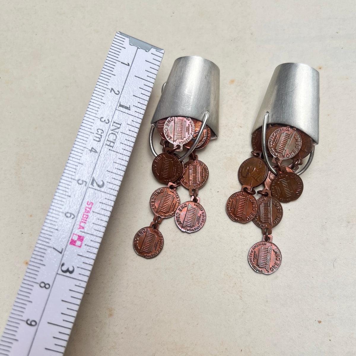 Vintage Linda Hesh Art to Wear Statement Pennies Ohrringe Sterling Postmoderne