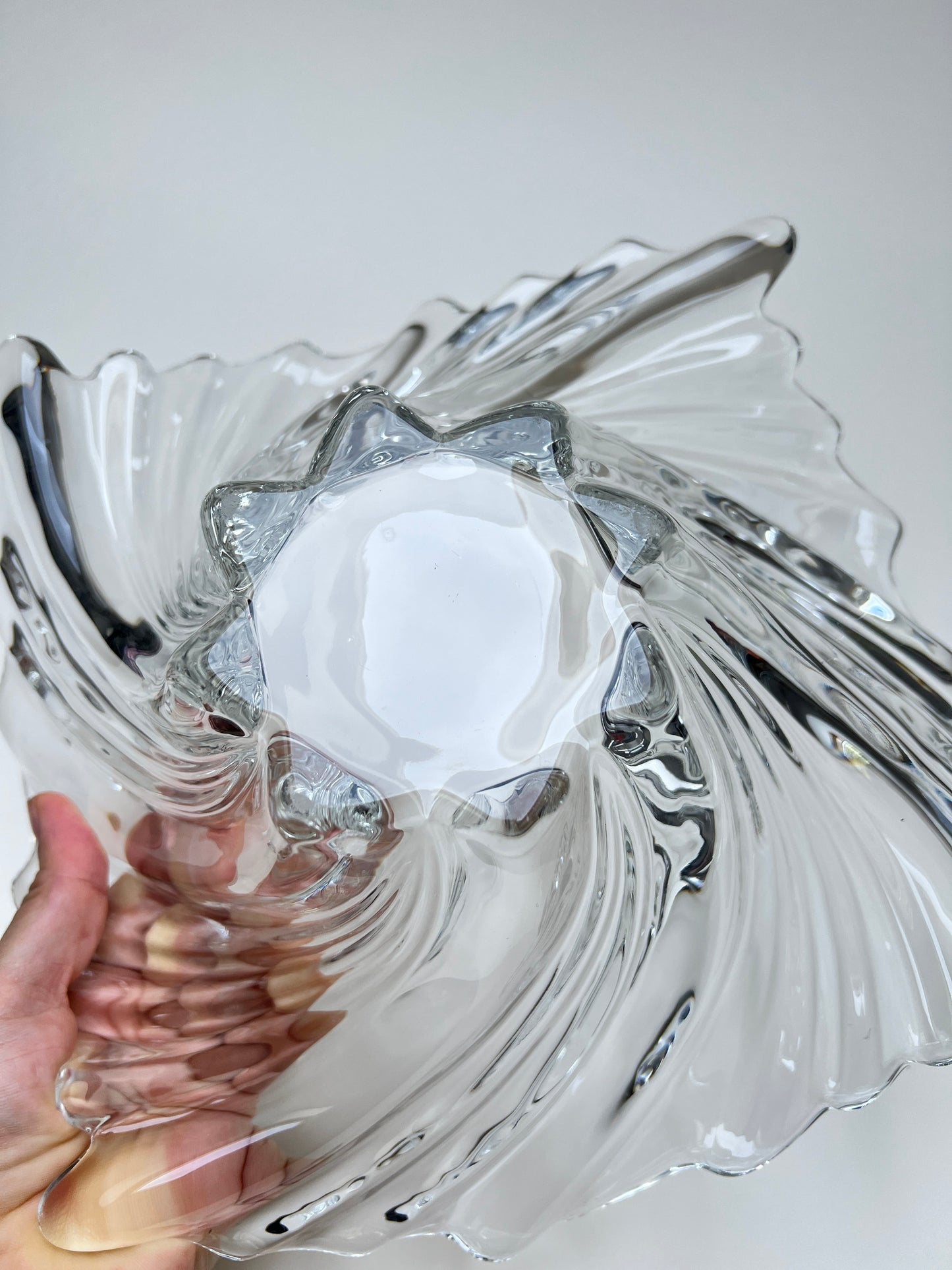 Vintage MCM Obstschale Swirl Belle Epoque Centerpiece schwere Glasschale klar Mid Century