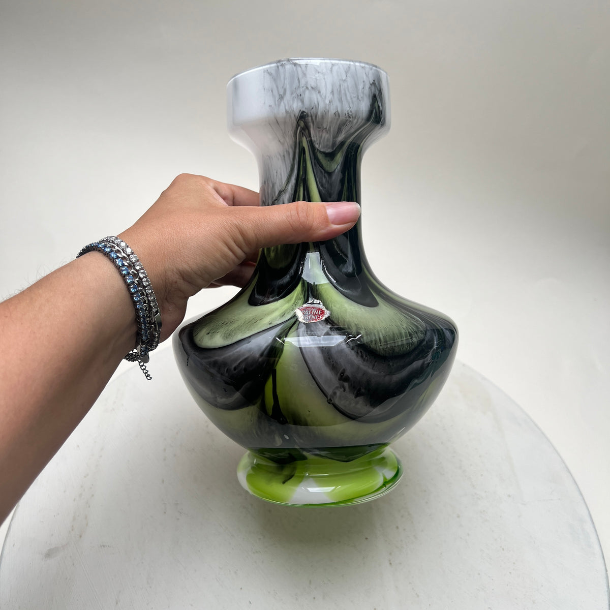 Vintage VB Opaline Florence Vetreria Barbieri Vase Op-Art Swirl Space Age Mid Century Opalglas grün