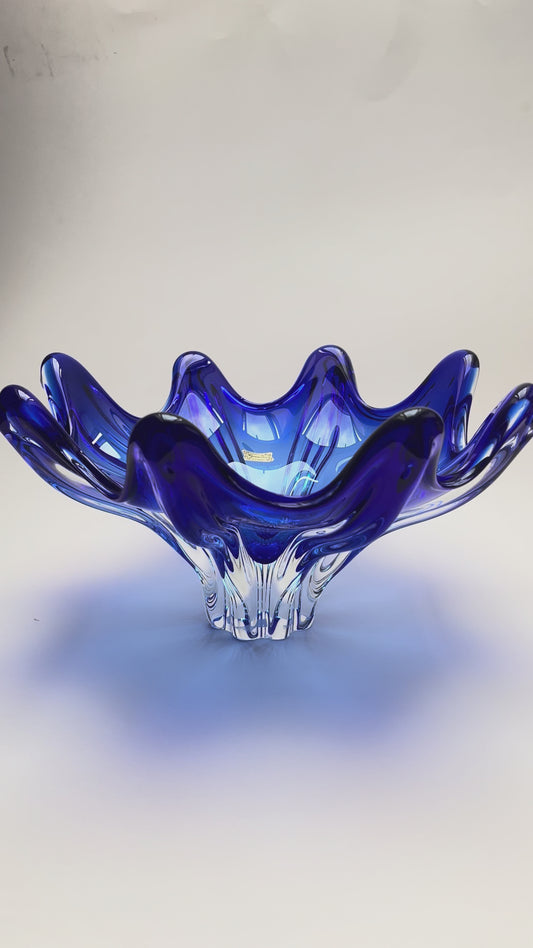 Egermann Kristallglas Schale blau böhmisch Czech Zipfelschale Mid century Glass Art