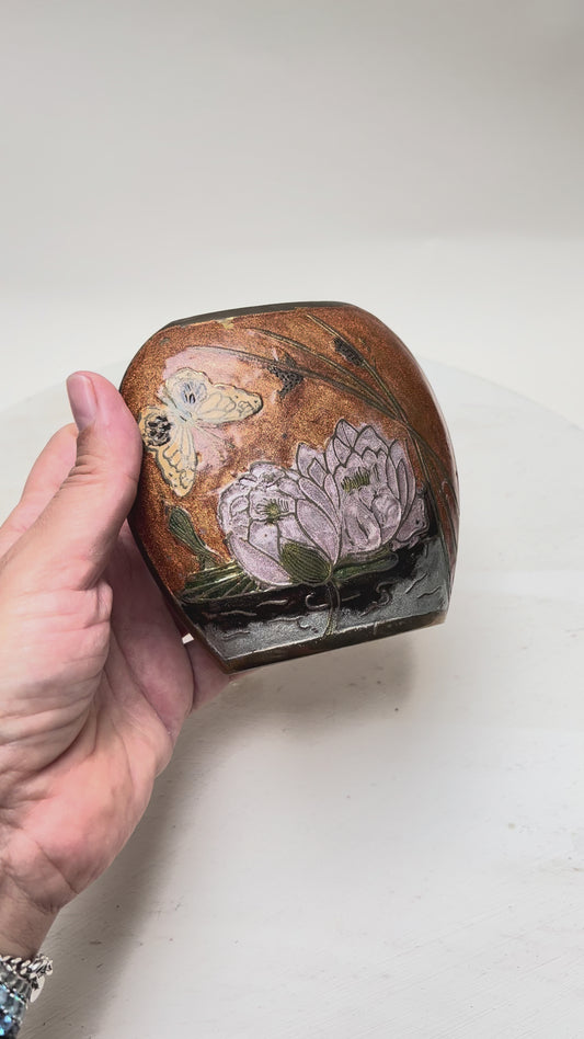 Vintage Cloisonné Messing Vase Schmetterling Jugendstil Lotus Seerosen gold orange