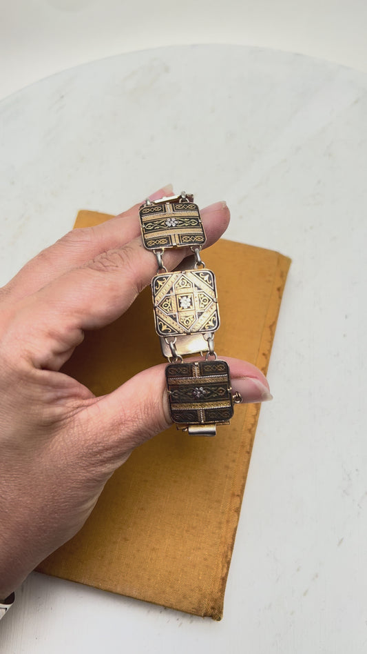 Vintage Toledo Damaszener Gliederarmband Panel Bracelet mit 24K Gold Spanien 60er
