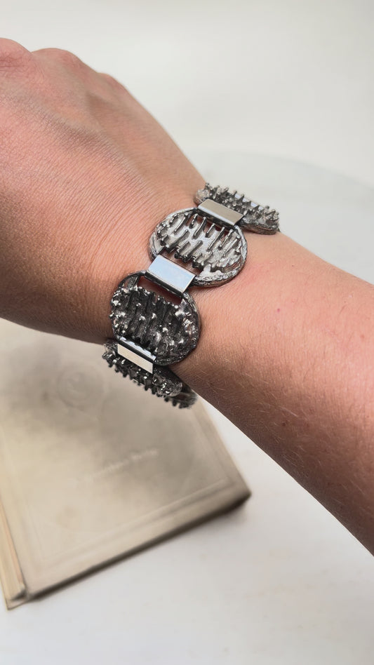 Vintage Brutalist Gliederarmband silber Modernist skandinavisch Rinden Borken Design 70er