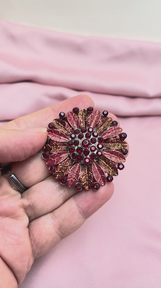 Vintage Strassstein Brosche rote Aster Blume Glitzer Emaille
