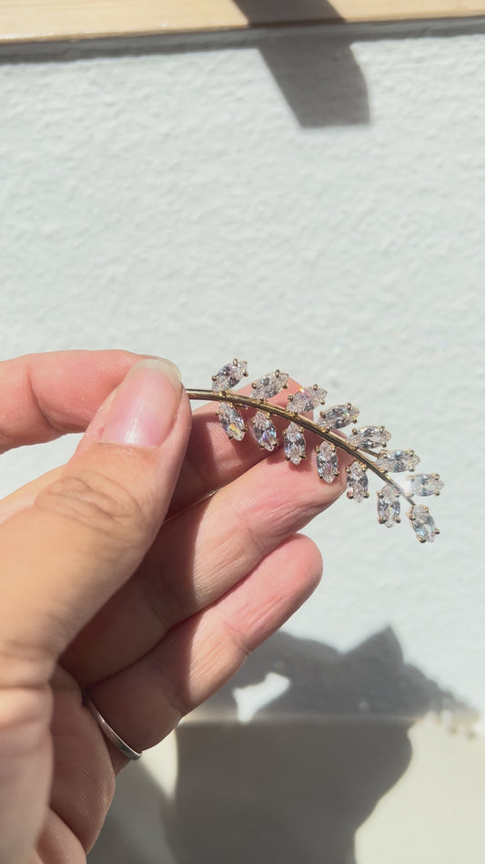 Vintage Braut Brosche Gold Olivenzweig 1970er Hochzeits Haarschmuck Strass Navette Reversnadel